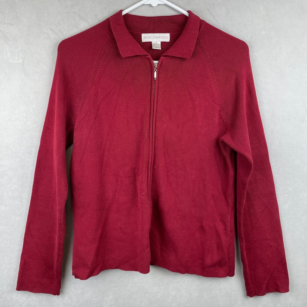 Petite Sophisticate Red Cotton Full Zip Cardigan Sweater Collar MP Academia Prep